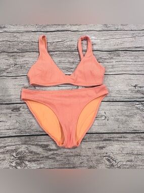 aerie Peachy Orange Textured Bikini With Scoop Top Size Medium